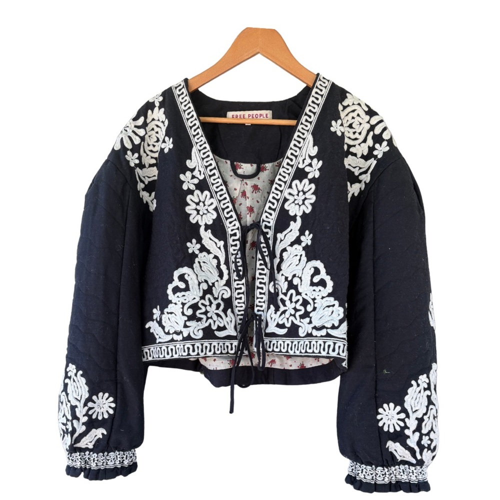 Free People Black and White Embroidered Jacket